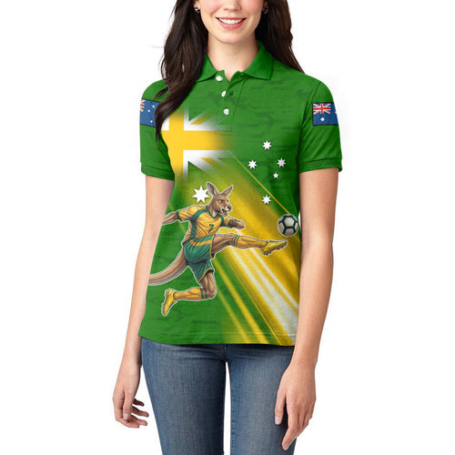 Personalized Australia Soccer Kangaroo Women Polo Shirt Dynamic Kick with Australian Flag Green Gold Sports Graphic