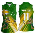 Personalized Australia Soccer Kangaroo Women Sleeveless Polo Shirt Dynamic Kick with Australian Flag Green Gold Sports Graphic