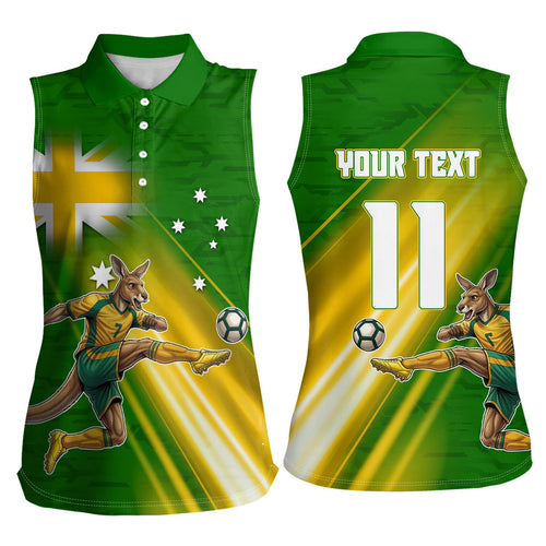 Personalized Australia Soccer Kangaroo Women Sleeveless Polo Shirt Dynamic Kick with Australian Flag Green Gold Sports Graphic