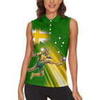Personalized Australia Soccer Kangaroo Women Sleeveless Polo Shirt Dynamic Kick with Australian Flag Green Gold Sports Graphic
