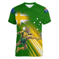 Personalized Australia Soccer Kangaroo Women V-Neck T-Shirt Dynamic Kick with Australian Flag Green Gold Sports Graphic