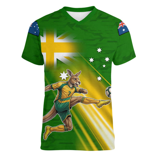Personalized Australia Soccer Kangaroo Women V-Neck T-Shirt Dynamic Kick with Australian Flag Green Gold Sports Graphic