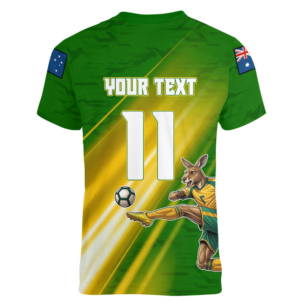 Personalized Australia Soccer Kangaroo Women V-Neck T-Shirt Dynamic Kick with Australian Flag Green Gold Sports Graphic