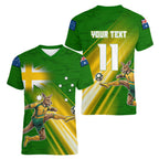 Personalized Australia Soccer Kangaroo Women V-Neck T-Shirt Dynamic Kick with Australian Flag Green Gold Sports Graphic