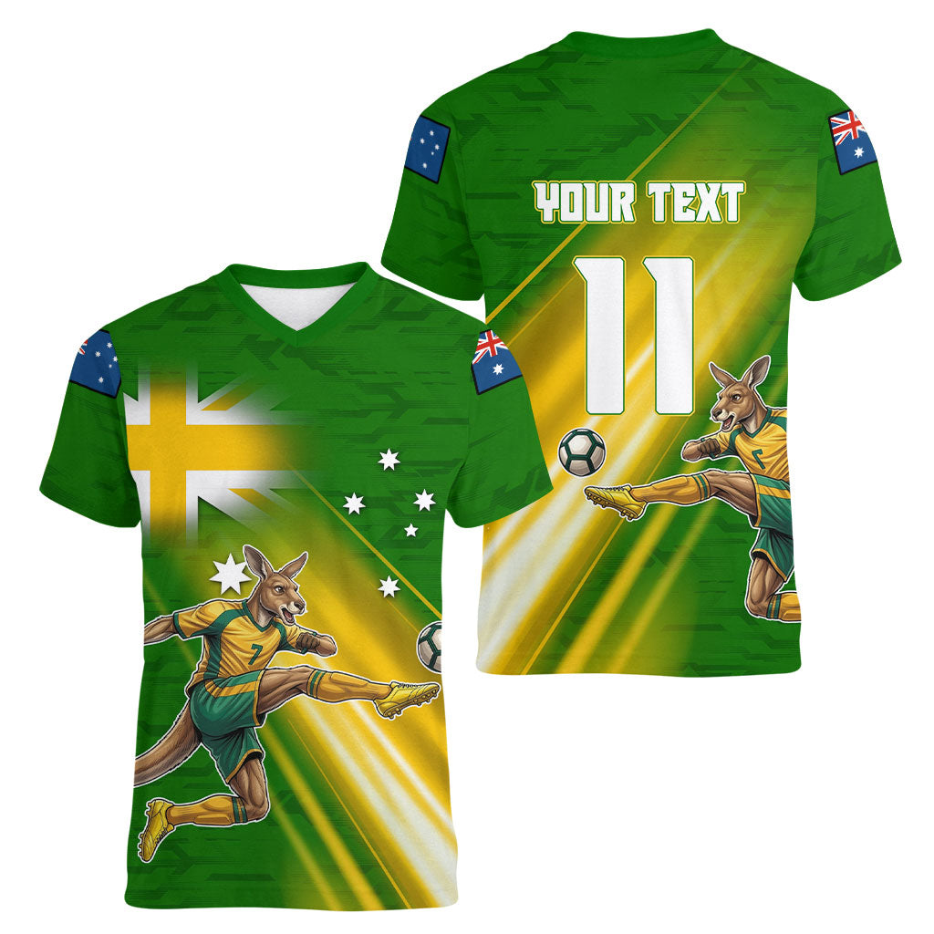 Personalized Australia Soccer Kangaroo Women V-Neck T-Shirt Dynamic Kick with Australian Flag Green Gold Sports Graphic