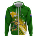 Personalized Australia Soccer Kangaroo Zip Hoodie Dynamic Kick with Australian Flag Green Gold Sports Graphic