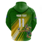 Personalized Australia Soccer Kangaroo Zip Hoodie Dynamic Kick with Australian Flag Green Gold Sports Graphic