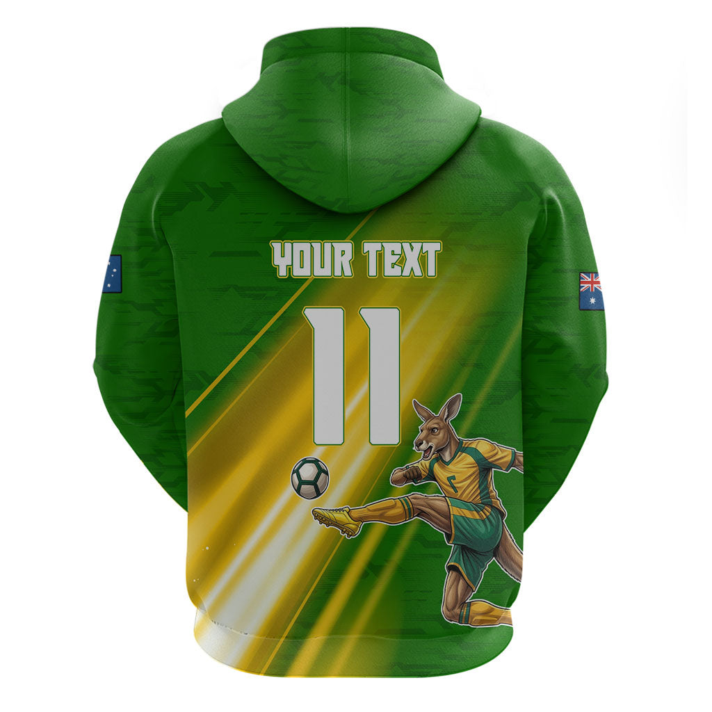 Personalized Australia Soccer Kangaroo Zip Hoodie Dynamic Kick with Australian Flag Green Gold Sports Graphic
