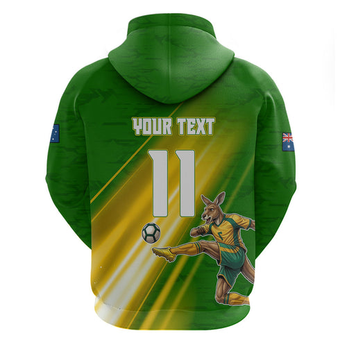 Personalized Australia Soccer Kangaroo Zip Hoodie Dynamic Kick with Australian Flag Green Gold Sports Graphic