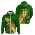 Personalized Australia Soccer Kangaroo Zip Hoodie Dynamic Kick with Australian Flag Green Gold Sports Graphic