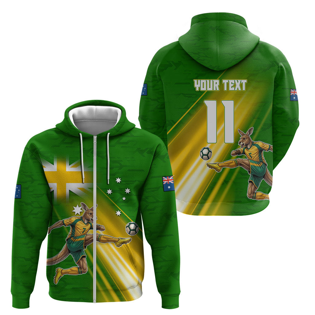 Personalized Australia Soccer Kangaroo Zip Hoodie Dynamic Kick with Australian Flag Green Gold Sports Graphic