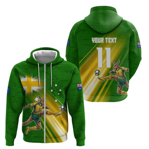 Personalized Australia Soccer Kangaroo Zip Hoodie Dynamic Kick with Australian Flag Green Gold Sports Graphic