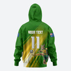 Personalized Australia Soccer Kangaroo Zip Hoodie Dynamic Kick with Australian Flag Green Gold Sports Graphic
