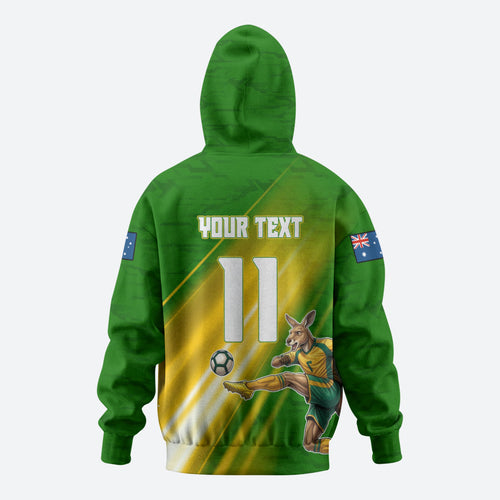 Personalized Australia Soccer Kangaroo Zip Hoodie Dynamic Kick with Australian Flag Green Gold Sports Graphic