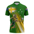 Personalized Australia Soccer Kangaroo Zipper Polo Shirt Dynamic Kick with Australian Flag Green Gold Sports Graphic