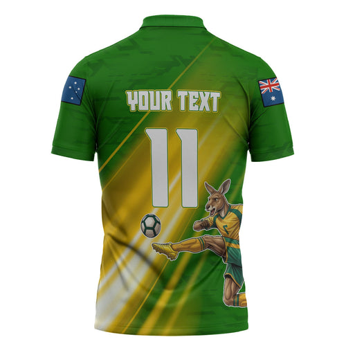 Personalized Australia Soccer Kangaroo Zipper Polo Shirt Dynamic Kick with Australian Flag Green Gold Sports Graphic