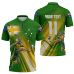 Personalized Australia Soccer Kangaroo Zipper Polo Shirt Dynamic Kick with Australian Flag Green Gold Sports Graphic