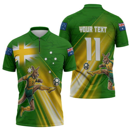 Personalized Australia Soccer Kangaroo Zipper Polo Shirt Dynamic Kick with Australian Flag Green Gold Sports Graphic