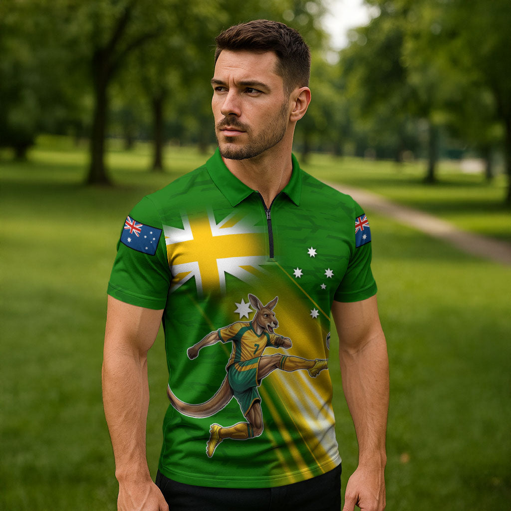 Personalized Australia Soccer Kangaroo Zipper Polo Shirt Dynamic Kick with Australian Flag Green Gold Sports Graphic