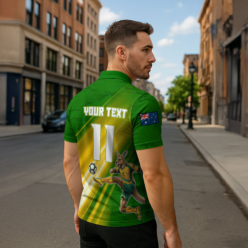 Personalized Australia Soccer Kangaroo Zipper Polo Shirt Dynamic Kick with Australian Flag Green Gold Sports Graphic