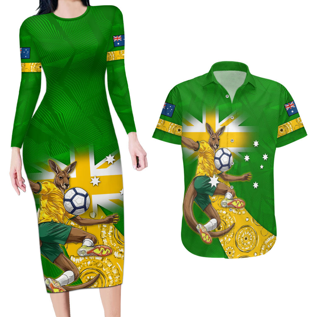 Personalized Australia Soccer Kangaroo Couples Matching Long Sleeve Bodycon Dress and Hawaiian Shirt Aussie Football Mascot Dynamic Sports Graphic