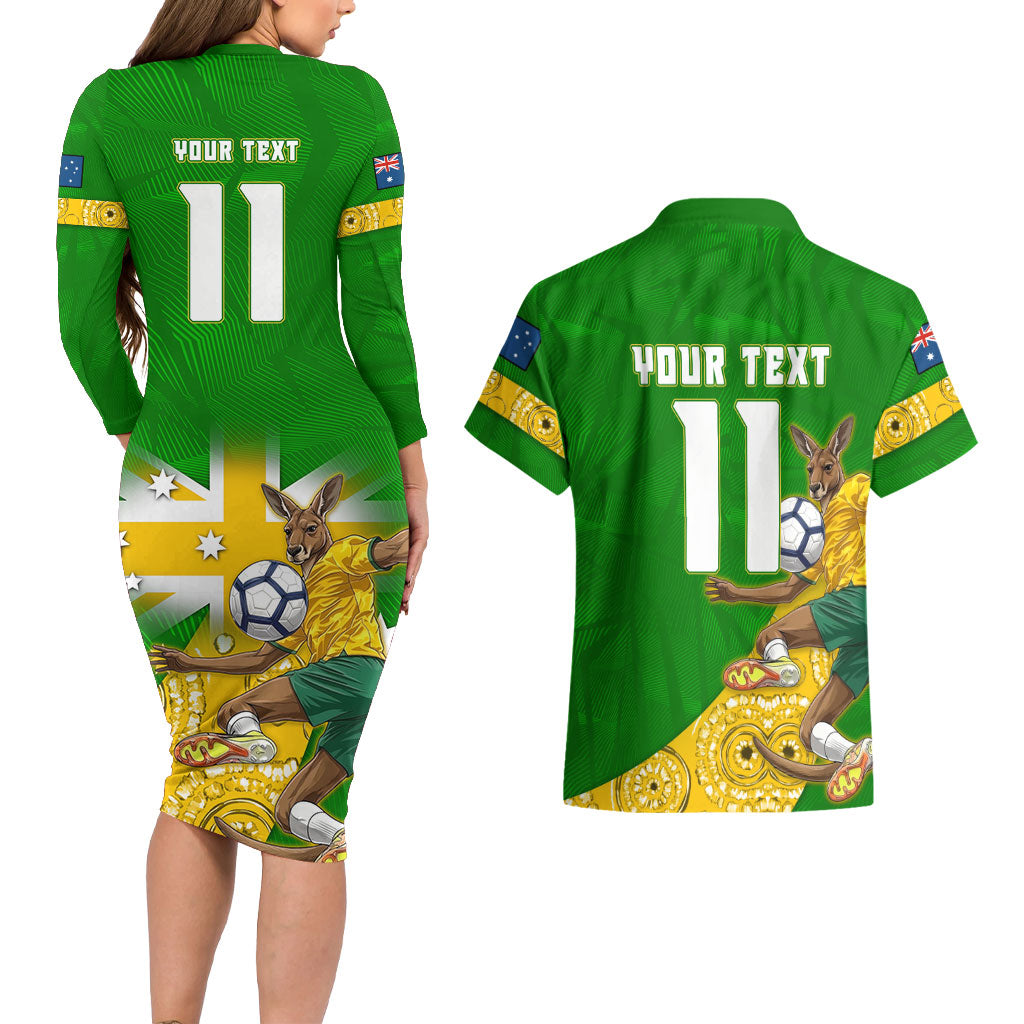 Personalized Australia Soccer Kangaroo Couples Matching Long Sleeve Bodycon Dress and Hawaiian Shirt Aussie Football Mascot Dynamic Sports Graphic