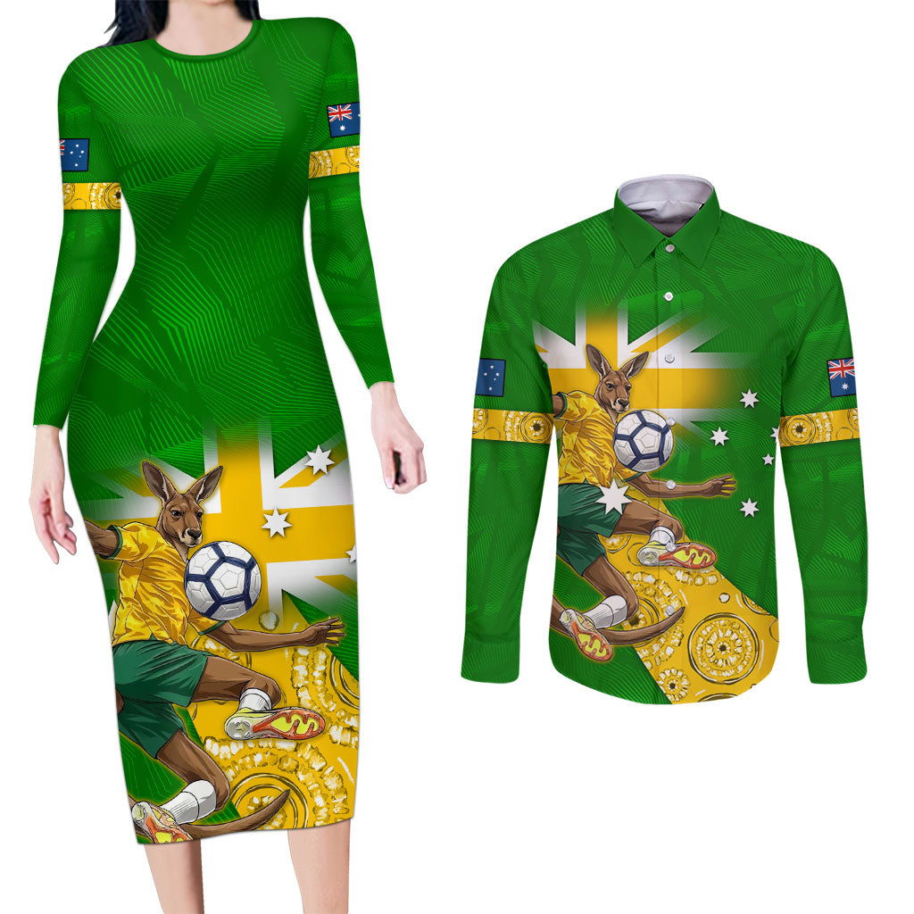Personalized Australia Soccer Kangaroo Couples Matching Long Sleeve Bodycon Dress and Long Sleeve Button Shirt Aussie Football Mascot Dynamic Sports Graphic