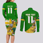 Personalized Australia Soccer Kangaroo Couples Matching Long Sleeve Bodycon Dress and Long Sleeve Button Shirt Aussie Football Mascot Dynamic Sports Graphic