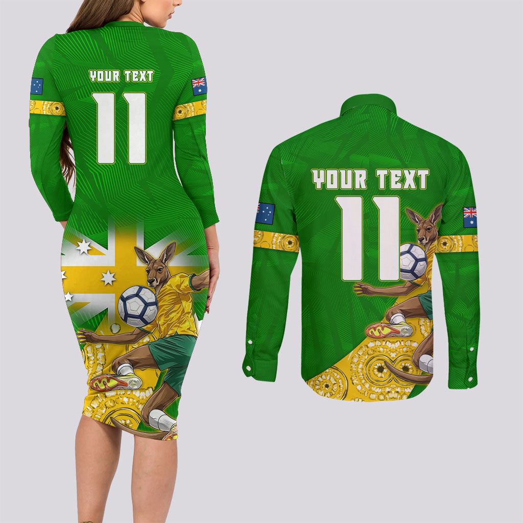 Personalized Australia Soccer Kangaroo Couples Matching Long Sleeve Bodycon Dress and Long Sleeve Button Shirt Aussie Football Mascot Dynamic Sports Graphic