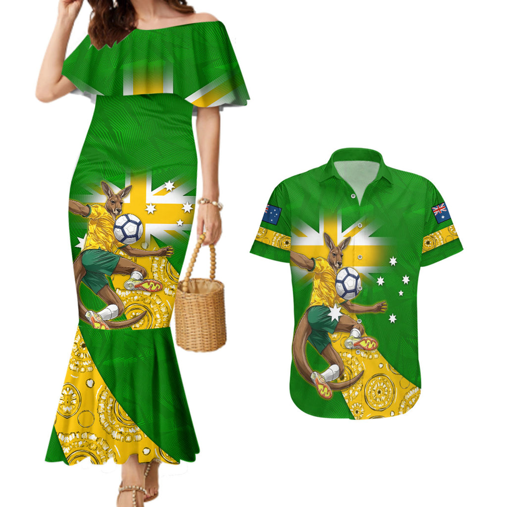 Personalized Australia Soccer Kangaroo Couples Matching Mermaid Dress and Hawaiian Shirt Aussie Football Mascot Dynamic Sports Graphic