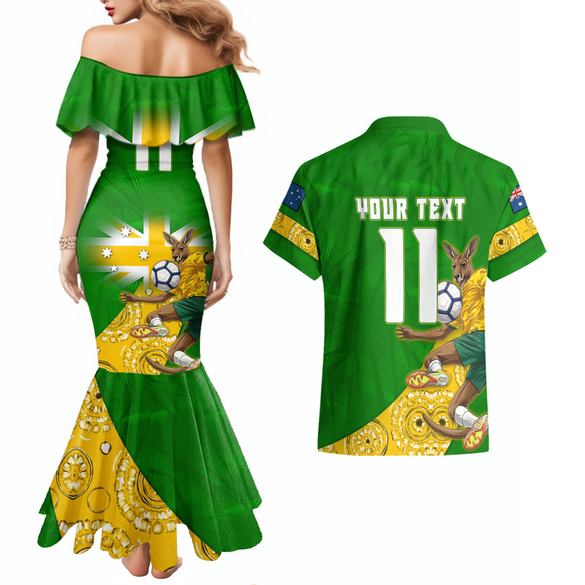 Personalized Australia Soccer Kangaroo Couples Matching Mermaid Dress and Hawaiian Shirt Aussie Football Mascot Dynamic Sports Graphic