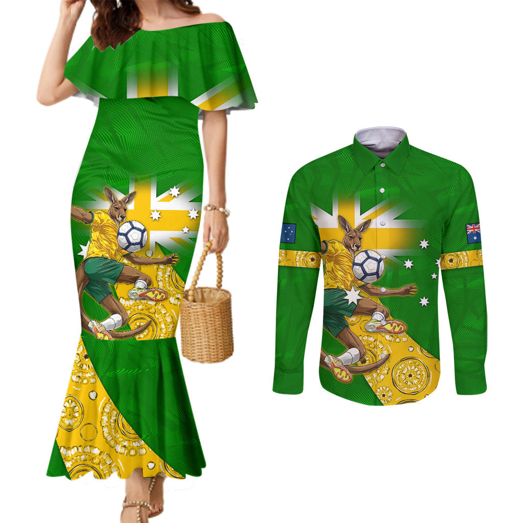 Personalized Australia Soccer Kangaroo Couples Matching Mermaid Dress and Long Sleeve Button Shirt Aussie Football Mascot Dynamic Sports Graphic