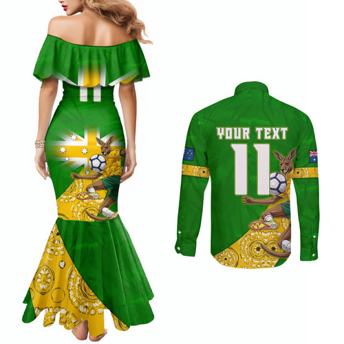 Personalized Australia Soccer Kangaroo Couples Matching Mermaid Dress and Long Sleeve Button Shirt Aussie Football Mascot Dynamic Sports Graphic