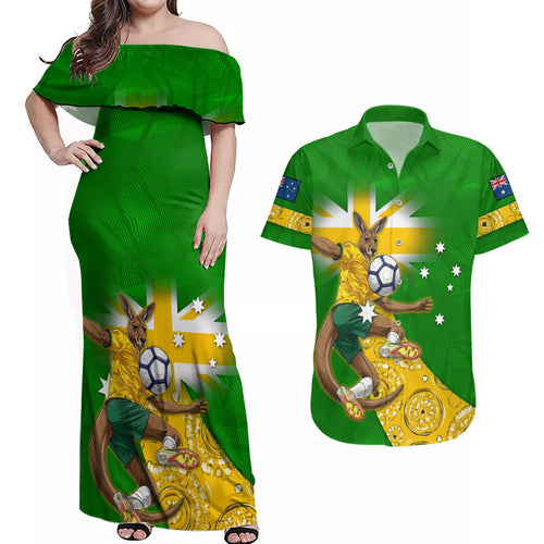 Personalized Australia Soccer Kangaroo Couples Matching Off Shoulder Maxi Dress and Hawaiian Shirt Aussie Football Mascot Dynamic Sports Graphic