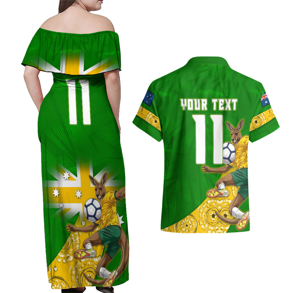 Personalized Australia Soccer Kangaroo Couples Matching Off Shoulder Maxi Dress and Hawaiian Shirt Aussie Football Mascot Dynamic Sports Graphic