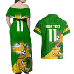 Personalized Australia Soccer Kangaroo Couples Matching Off Shoulder Maxi Dress and Hawaiian Shirt Aussie Football Mascot Dynamic Sports Graphic