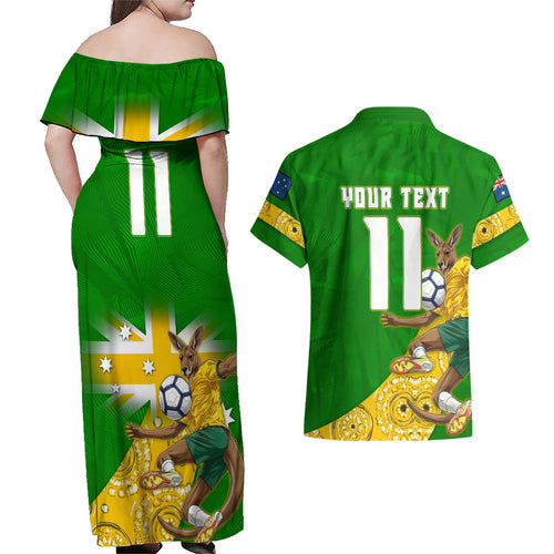 Personalized Australia Soccer Kangaroo Couples Matching Off Shoulder Maxi Dress and Hawaiian Shirt Aussie Football Mascot Dynamic Sports Graphic