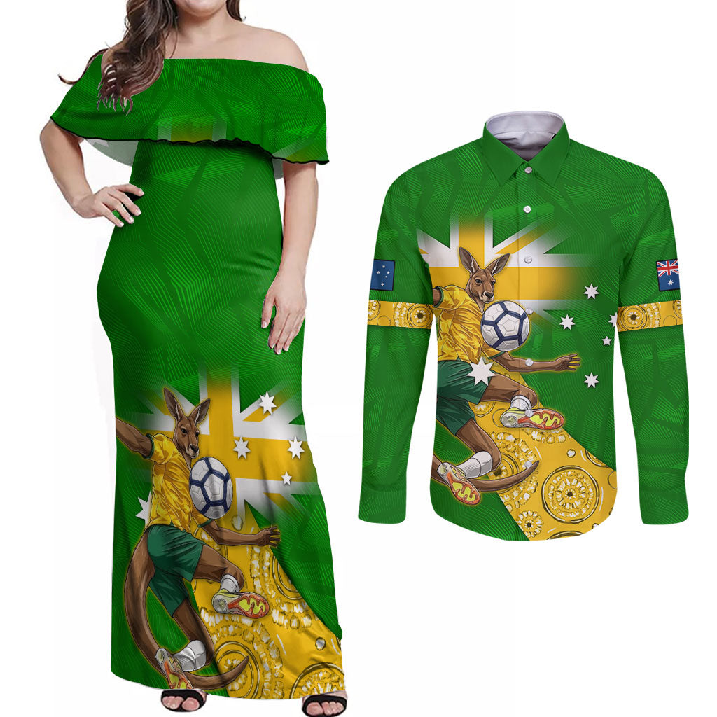Personalized Australia Soccer Kangaroo Couples Matching Off Shoulder Maxi Dress and Long Sleeve Button Shirt Aussie Football Mascot Dynamic Sports Graphic