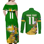 Personalized Australia Soccer Kangaroo Couples Matching Off Shoulder Maxi Dress and Long Sleeve Button Shirt Aussie Football Mascot Dynamic Sports Graphic