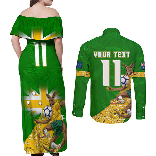 Personalized Australia Soccer Kangaroo Couples Matching Off Shoulder Maxi Dress and Long Sleeve Button Shirt Aussie Football Mascot Dynamic Sports Graphic