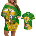 Personalized Australia Soccer Kangaroo Couples Matching Off Shoulder Short Dress and Hawaiian Shirt Aussie Football Mascot Dynamic Sports Graphic