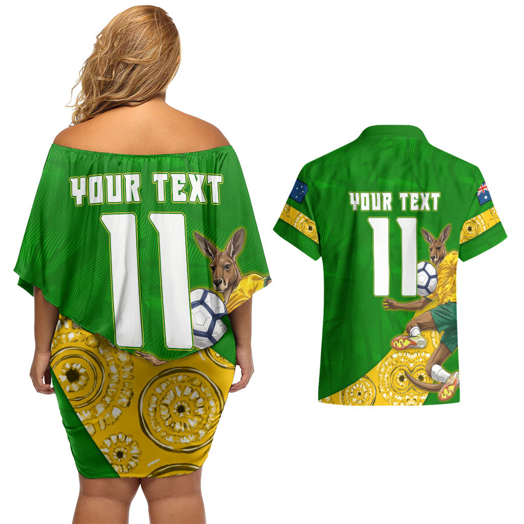 Personalized Australia Soccer Kangaroo Couples Matching Off Shoulder Short Dress and Hawaiian Shirt Aussie Football Mascot Dynamic Sports Graphic