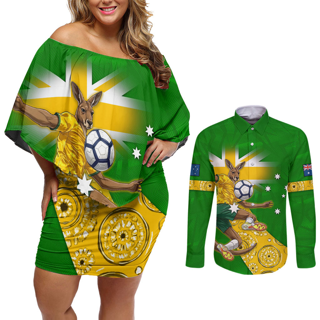 Personalized Australia Soccer Kangaroo Couples Matching Off Shoulder Short Dress and Long Sleeve Button Shirt Aussie Football Mascot Dynamic Sports Graphic