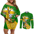 Personalized Australia Soccer Kangaroo Couples Matching Off Shoulder Short Dress and Long Sleeve Button Shirt Aussie Football Mascot Dynamic Sports Graphic