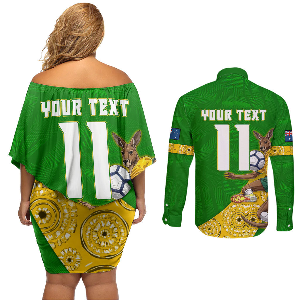 Personalized Australia Soccer Kangaroo Couples Matching Off Shoulder Short Dress and Long Sleeve Button Shirt Aussie Football Mascot Dynamic Sports Graphic