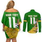 Personalized Australia Soccer Kangaroo Couples Matching Off Shoulder Short Dress and Long Sleeve Button Shirt Aussie Football Mascot Dynamic Sports Graphic