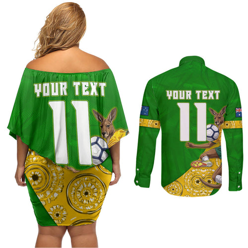 Personalized Australia Soccer Kangaroo Couples Matching Off Shoulder Short Dress and Long Sleeve Button Shirt Aussie Football Mascot Dynamic Sports Graphic