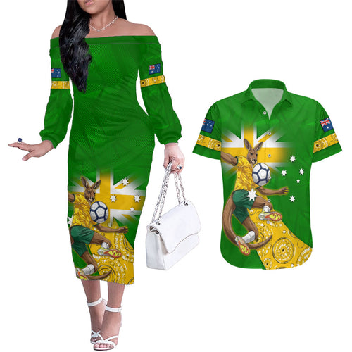 Personalized Australia Soccer Kangaroo Couples Matching Off The Shoulder Long Sleeve Dress and Hawaiian Shirt Aussie Football Mascot Dynamic Sports Graphic
