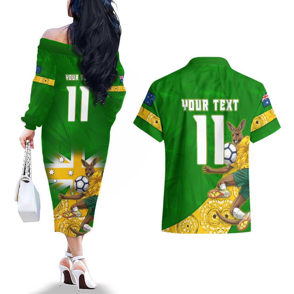 Personalized Australia Soccer Kangaroo Couples Matching Off The Shoulder Long Sleeve Dress and Hawaiian Shirt Aussie Football Mascot Dynamic Sports Graphic