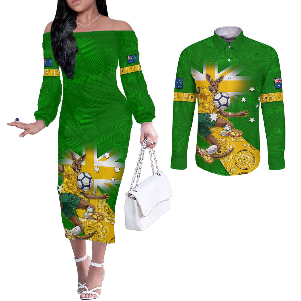 Personalized Australia Soccer Kangaroo Couples Matching Off The Shoulder Long Sleeve Dress and Long Sleeve Button Shirt Aussie Football Mascot Dynamic Sports Graphic